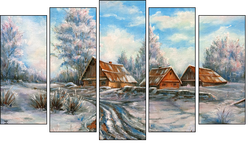 The winter rural landscape drawn by oil on a canvas  - Obraz pięcioczęściowy, Pentaptyk