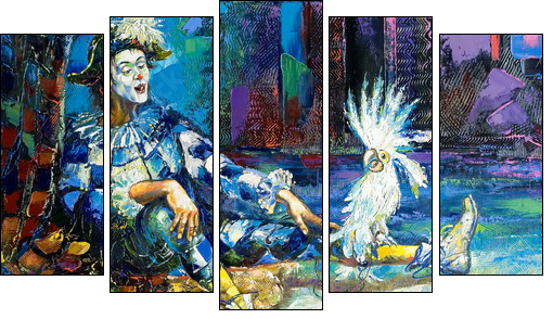 The harlequin and a white parrot  - Obraz pięcioczęściowy, Pentaptyk