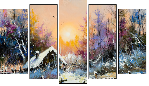 Rural winter landscape  - Obraz pięcioczęściowy, Pentaptyk