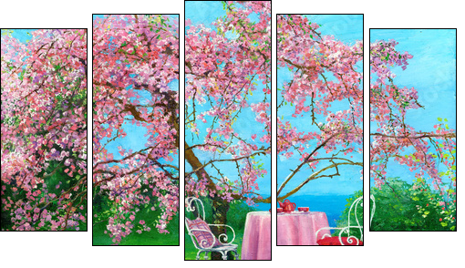 Blossoming plum in a spring garden  - Obraz pięcioczęściowy, Pentaptyk