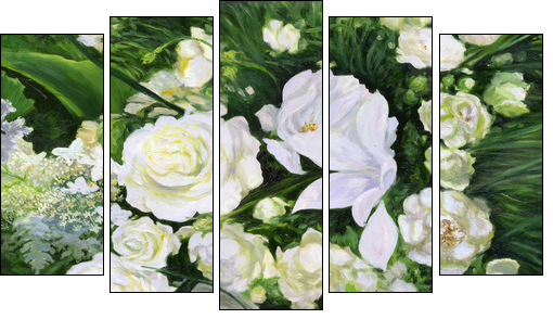 White roses on a green background  - Obraz pięcioczęściowy, Pentaptyk