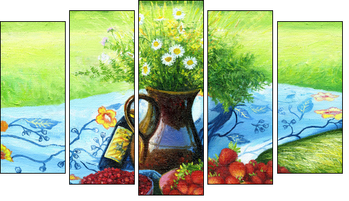Still-life with camomiles and a strawberry  - Obraz pięcioczęściowy, Pentaptyk