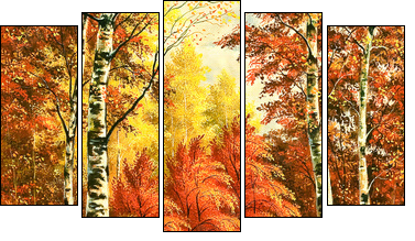 Autumn wood landscape with birches  - Obraz pięcioczęściowy, Pentaptyk