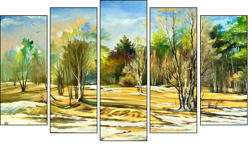 Spring landscape with trees and a snow  - Obraz pięcioczęściowy, Pentaptyk