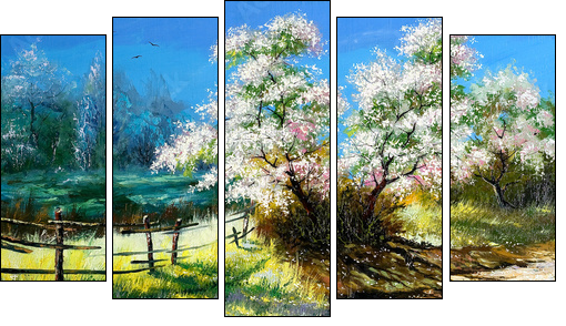 Blossoming bush on rural surburb  - Obraz pięcioczęściowy, Pentaptyk