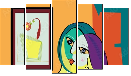 Colorful abstract background, cubism art style, portrait of woman sitting - Obraz pięcioczęściowy, Pentaptyk
