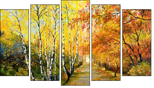 Autumn road along the channel  - Obraz pięcioczęściowy, Pentaptyk