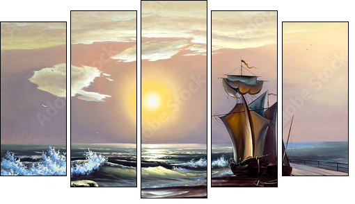 Sailing boat against the coming sun  - Obraz pięcioczęściowy, Pentaptyk