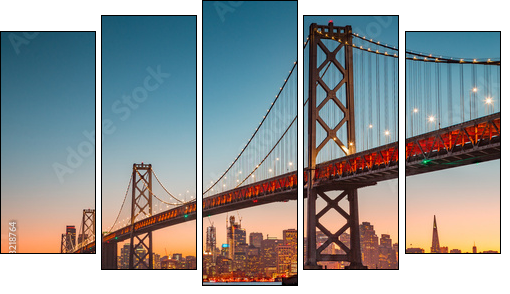 San Francisco skyline with Oakland Bay Bridge at sunset, California, USA - Obraz pięcioczęściowy, Pentaptyk