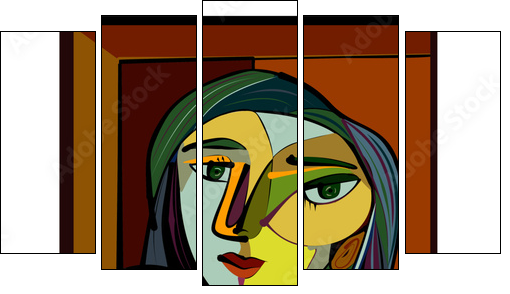 Colorful abstract background, cubism art style, thinking woman - Obraz pięcioczęściowy, Pentaptyk