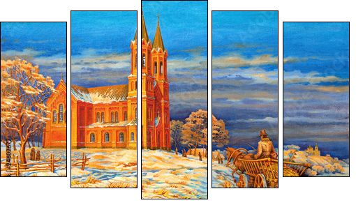 Rural winter landscape  - Obraz pięcioczęściowy, Pentaptyk