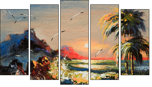 Sea landscape with palm trees and seagulls  - Obraz pięcioczęściowy, Pentaptyk