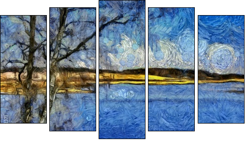 Incredible beauty of nature landscape. Spring season. Impressionism oil painting in Vincent Van Gogh modern style. Creative artistic print for canvas or textile. Wallpaper, poster or postcard design. - Obraz pięcioczęściowy, Pentaptyk