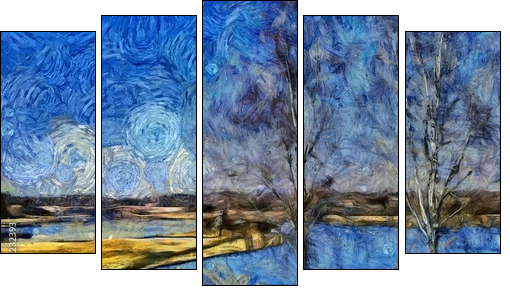 Incredible beauty of nature landscape. Spring season. Impressionism oil painting in Vincent Van Gogh modern style. Creative artistic print for canvas or textile. Wallpaper, poster or postcard design. - Obraz pięcioczęściowy, Pentaptyk
