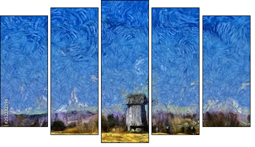 Nature landscape and old historical mill in village. Impressionism oil painting in Vincent Van Gogh modern style. Creative artistic print for canvas or textile. Wallpaper, poster or postcard design. - Obraz pięcioczęściowy, Pentaptyk