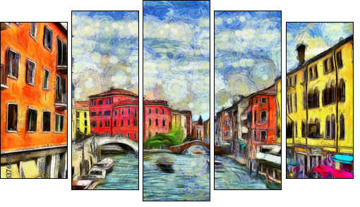 Venetian canal with moving boats, digital imitation of Van Gogh painting style - Obraz pięcioczęściowy, Pentaptyk