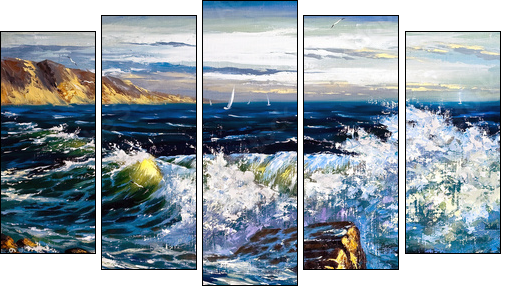 Storm waves on seacoast  - Obraz pięcioczęściowy, Pentaptyk