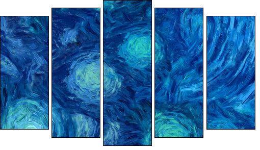 Impressionism wall art print. Vincent Van Gogh style oil painting. Swirl splashes. Surrealism artwork. Abstract artistic background. Real brush strokes on canvas. - Obraz pięcioczęściowy, Pentaptyk