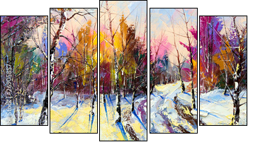 Sunset in winter wood  - Obraz pięcioczęściowy, Pentaptyk