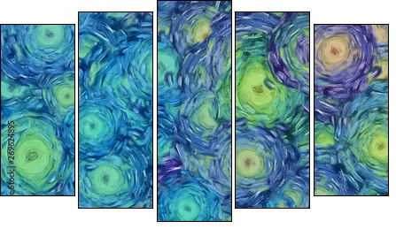 Abstract painting impressionism wall art print example with oil imitation in Vincent Van Gogh style. Artistic contemporary design decor elements. Pop modern abstraction with vibrant bright strokes. - Obraz pięcioczęściowy, Pentaptyk
