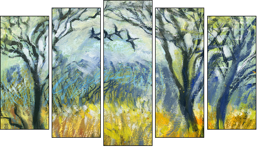 Edge of wood with flying birds  - Obraz pięcioczęściowy, Pentaptyk