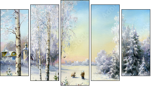 Winter village  - Obraz pięcioczęściowy, Pentaptyk