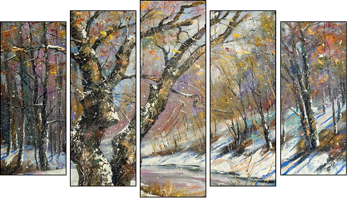 Winter landscape with wood and the river  - Obraz pięcioczęściowy, Pentaptyk