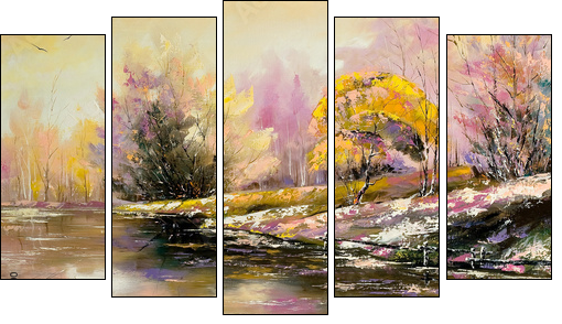 Autumn landscape with snow and the river  - Obraz pięcioczęściowy, Pentaptyk