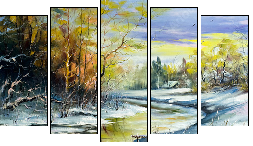 The winter river in village  - Obraz pięcioczęściowy, Pentaptyk
