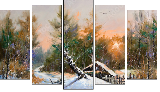 Rural winter landscape  - Obraz pięcioczęściowy, Pentaptyk