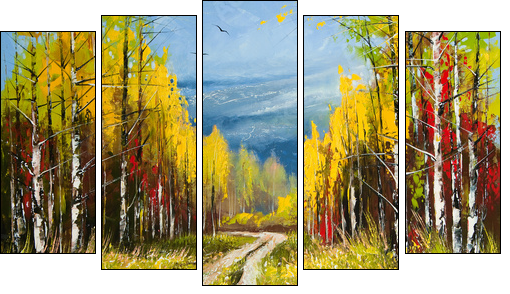 Oil Painting - gold autumn  - Obraz pięcioczęściowy, Pentaptyk