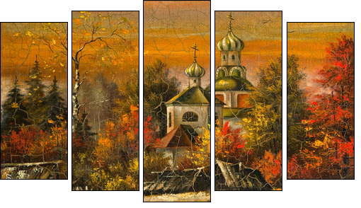 Ancient picture. Church in village  - Obraz pięcioczęściowy, Pentaptyk
