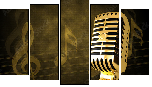 Gold vintage microphon  - Obraz pięcioczęściowy, Pentaptyk