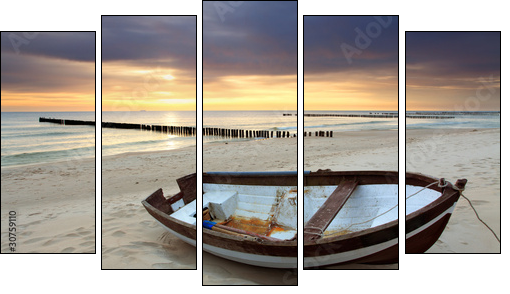 Poranna plaża z widokiem na łódkę
 - Obraz pięcioczęściowy, Pentaptyk