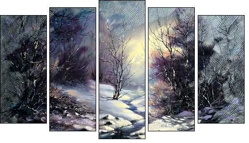 Landscape with winter wood small river  - Obraz pięcioczęściowy, Pentaptyk