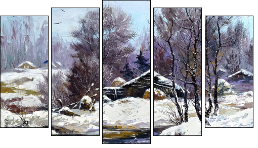 Small house in winter village  - Obraz pięcioczęściowy, Pentaptyk