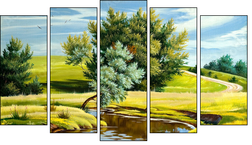 Summer landscape with the river  - Obraz pięcioczęściowy, Pentaptyk