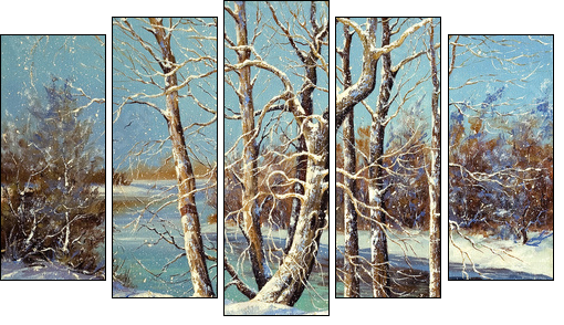 Winter landscape on the bank of the river  - Obraz pięcioczęściowy, Pentaptyk