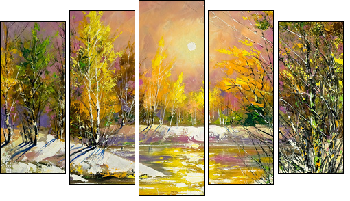 Autumn landscape on the bank of the river  - Obraz pięcioczęściowy, Pentaptyk