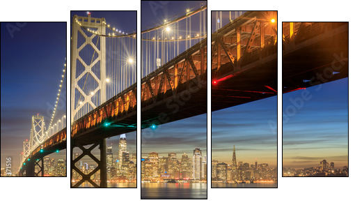 Western Span of San Francisco-Oakland Bay Bridge and San Francisco Waterfront in Blue Hour. Shot from Yerba Buena Island, San Francisco, California, USA. - Obraz pięcioczęściowy, Pentaptyk