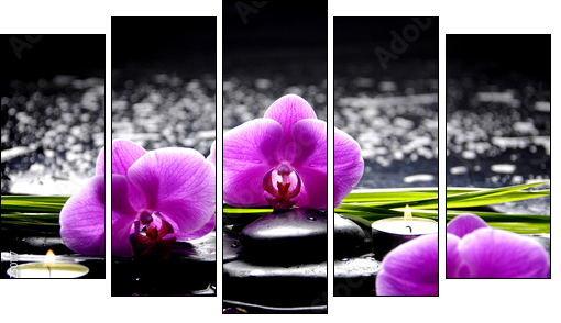Spa still life with set of pink orchid and stones reflection  - Obraz pięcioczęściowy, Pentaptyk