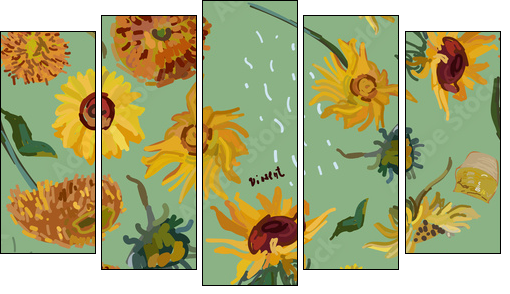 Sunflower flowers on a background of sea green. Vector illustration based on the painting of Van Gogh. - Obraz pięcioczęściowy, Pentaptyk