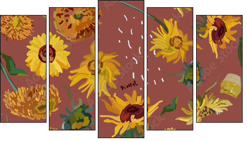 Sunflower flowers on a background of sea green. Vector illustration based on the painting of Van Gogh. - Obraz pięcioczęściowy, Pentaptyk