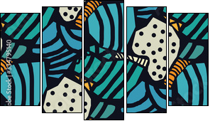 Creative seamless pattern in the style of Picasso. Various hand-drawn geometric shapes in turquoise, gold tones. Grunge texture. Minimalistic vintage design. Crazy art Wallpaper. Vector illustration. - Obraz pięcioczęściowy, Pentaptyk