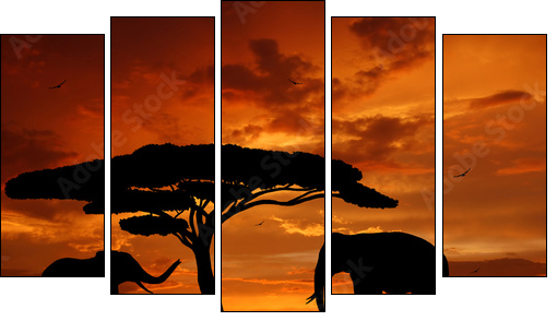 Silhouette two elephants in the sunset  - Obraz pięcioczęściowy, Pentaptyk