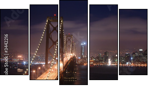 Nocna panorama Bay Bridge w San Francisco
 - Obraz pięcioczęściowy, Pentaptyk
