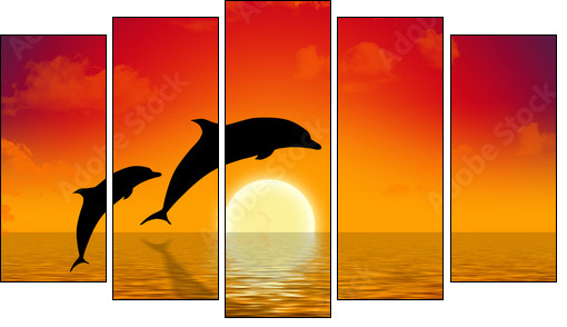 Skaczące delfiny na tle zachodzącego słońca
 - Obraz pięcioczęściowy, Pentaptyk