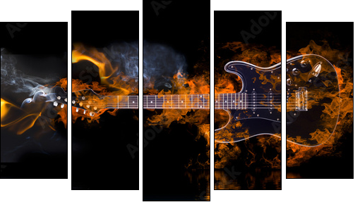 Burning Electric Guitar with reflection in water  - Obraz pięcioczęściowy, Pentaptyk