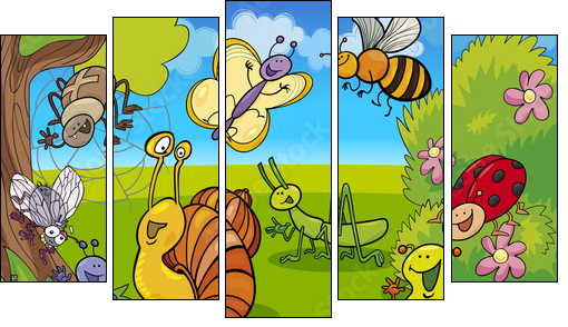 cartoon insects on the meadow  - Obraz pięcioczęściowy, Pentaptyk