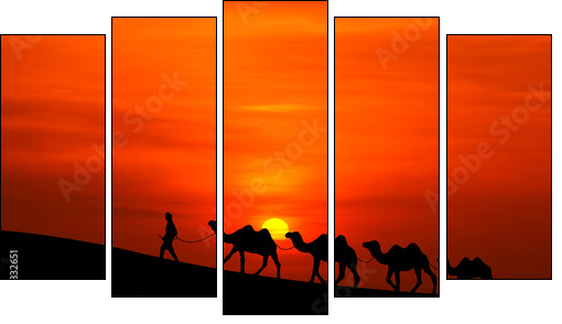 camel caravan sillhouette with sunset  - Obraz pięcioczęściowy, Pentaptyk